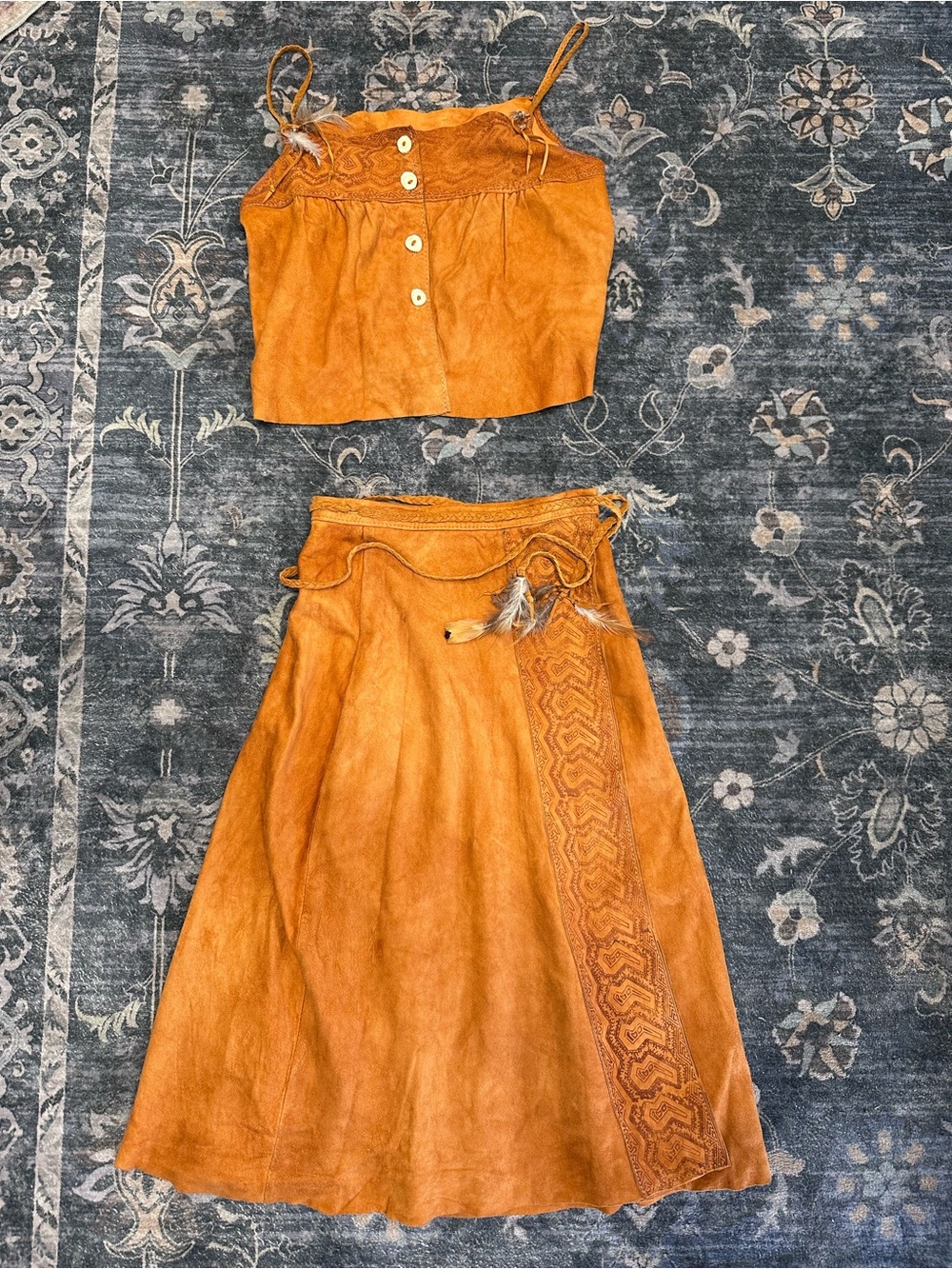 Bohemian leather cute 2 piece Skirt and top. Made in USA